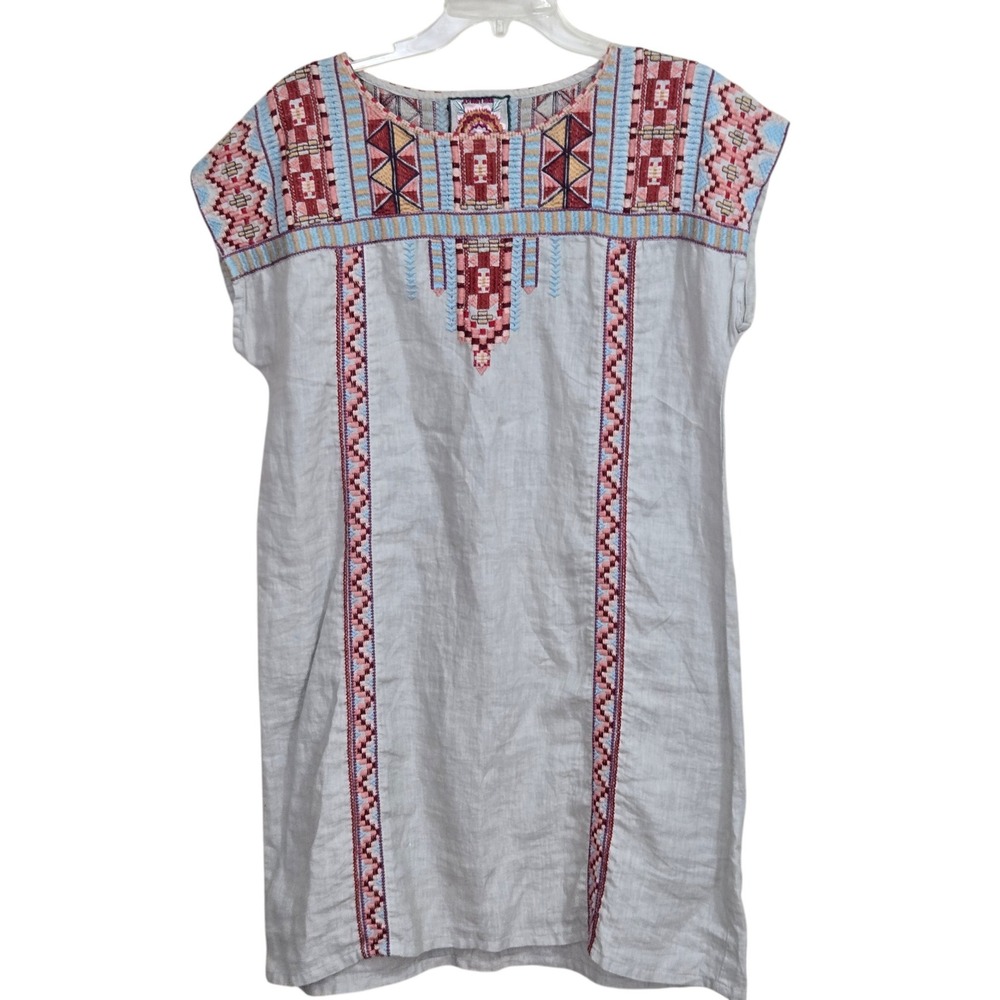 Johnny Was Linen Embroidered Shift Dress M J35419-3 Boho Festival Aztec Tribal